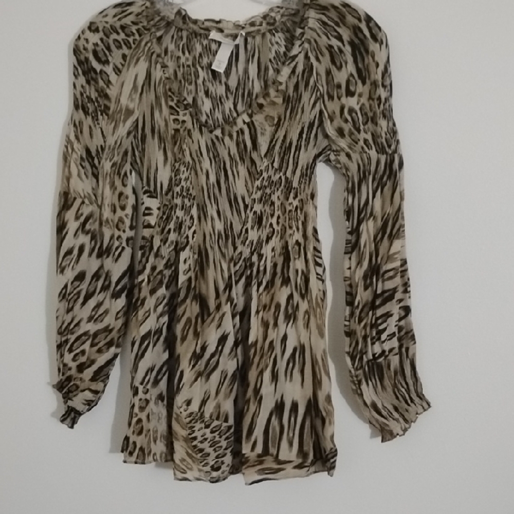 Dressbarn Y2K Style Boho V Neck Ruffle Leopard Print Petite Baby Doll Petite Top